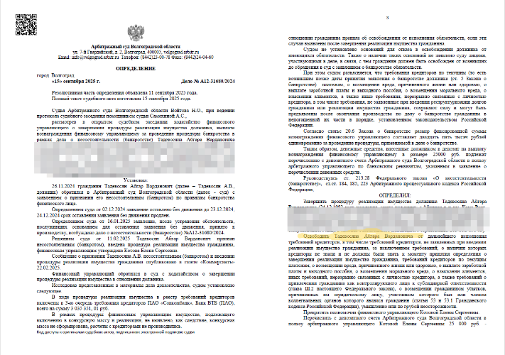 Определение Арбитражного суда Волгоградской области о списании долга 3 035 351 рубль Тадевосяну Абгару