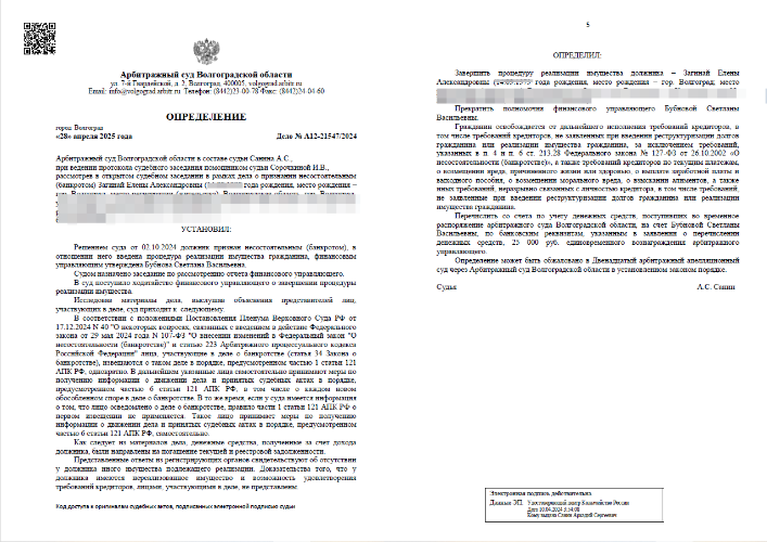 Определение Арбитражного суда Волгоградской области о списании долгов и штрафов ФНС Загинай Елене